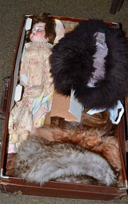 Lot 417 - Armand Marseille bisque socket head doll, fur stoles and assorted hats