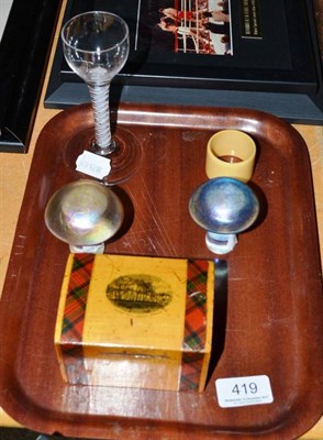 Lot 419 - Spiral twist wine glass, two glass mushrooms and a treen box