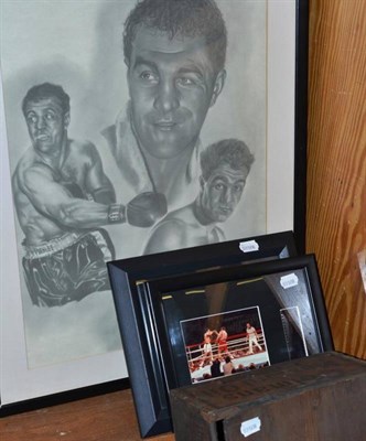 Lot 420 - Four framed boxing limited edition pictures, Colemans wooden box and war medals