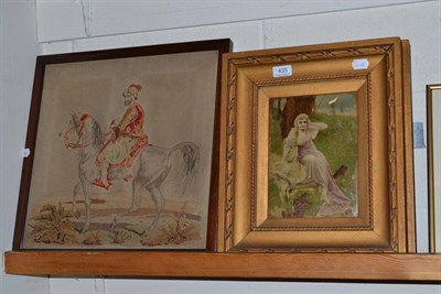 Lot 435 - Pair of framed chrystoleums of maidens in gilt frames and a woolwork picture of a mounted...