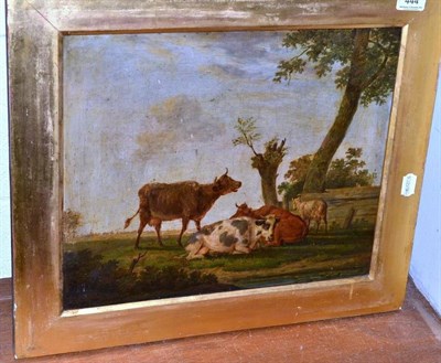 Lot 444 - Gilt framed oil on canvas, figures on a country path and another of cattle resting, in a gilt frame