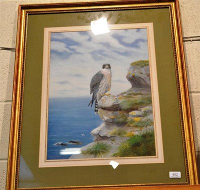 Lot 452 - Richard Robjent (b.1937), Peregrine Falcon on a rocky outcrop, Signed and dated 1981, inscribed...