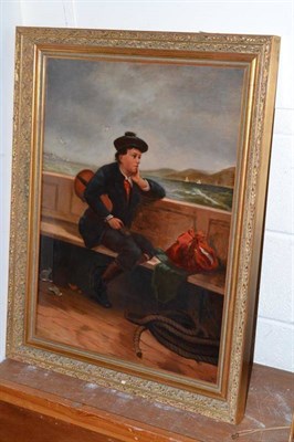 Lot 468 - A framed oil on canvas of a young gent travelling on a boat holding a violin with attached...