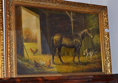 Lot 473 - A framed picture of a bay hunter in a stable with fox hounds and hens