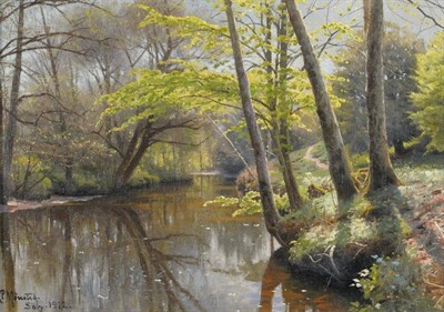 Lot 556 - Peder Monsted (1859-1941) Danish  "Tranquil Waters " Signed, indistinctly inscribed and dated 1912