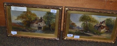 Lot 479 - Pair of framed oils, country cottage in a river landscape and one other