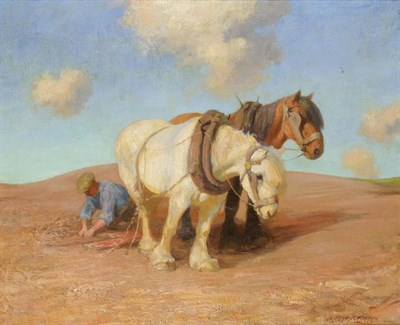 Lot 557 - Robert Weir Allen RWS, RSW (1852-1942) Scottish  A team of plough horses with a figure  Signed, oil