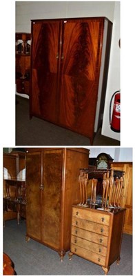 Lot 495 - A four piece walnut bedroom suite, mahogany two piece bedroom suite and two sets of walnut nests of