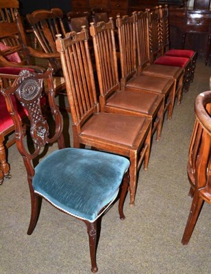 Lot 562 - A set of four oak dining chairs, two others with barley twist back and a mahogany salon chair -...