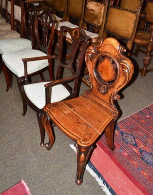 Lot 577 - A pair of mahogany shield back dining chairs, a mahogany salon chair and a 19th century oak...