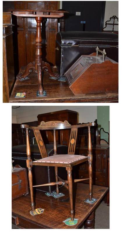 Lot 594 - Victorian pedestal table, an Edwardian inlaid corner chair and a coal scuttle