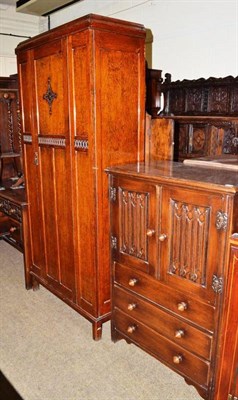 Lot 599 - A three piece oak bedroom suite, a oak hall robe, an oak two tier pedestal and a dressing mirror