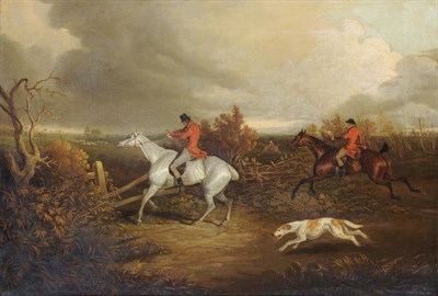 Lot 569 - David Dalby of York (1794-1836) Huntsmen riding through a landscape and taking a fence Oil on...