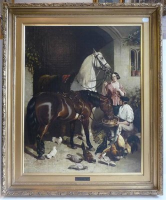 Lot 576 - After John Frederick Herring Snr (1795-1865) "Feeding the Horses " Oil on canvas, 75.5cm by 59.5cm