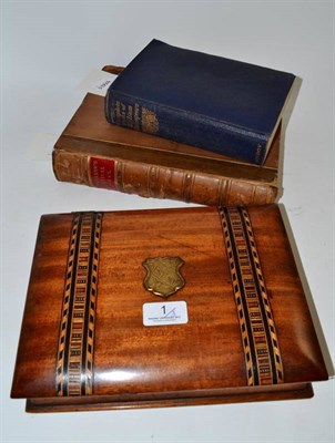 Lot 1 - Walnut inlaid writing box modelled as a book, one volume Longfellows poetical works and The...