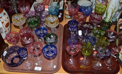 Lot 9 - Two trays of coloured drinking glasses