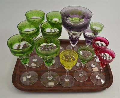 Lot 17 - Coloured grape and vine etched glasses