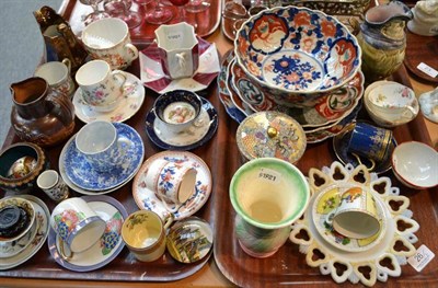 Lot 26 - Japanese Imari plates, bowls, Continental coffee cans and saucers, Doulton stoneware jug etc on two