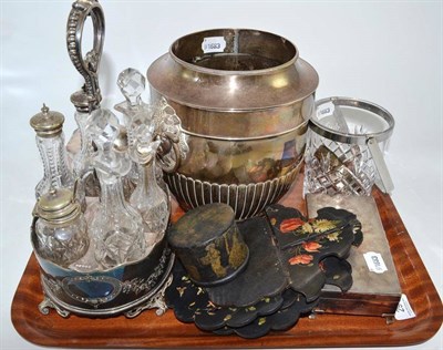 Lot 29 - Tray of silver plate including condiment stand, tea caddy, wine cooler and a pair of...