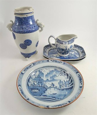 Lot 31 - 18th century Delft plate in the Chinese style, two Chinese export plates, a Chinese vase and a Wood