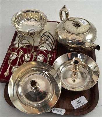 Lot 35 - Cased set of six silver spoons, silver sugar basin, plated toast racks, Danish candlesticks,...