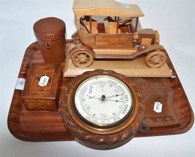 Lot 42 - Oak-framed carved circular wall barometer, Royal Perth Yacht Club shield, small hinged musical box