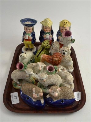Lot 47 - A tray of Staffordshire including Toby pepperettes, sheep etc