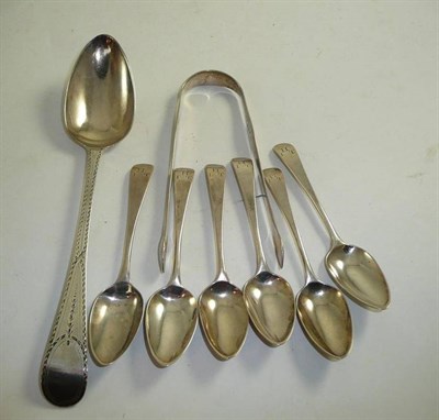 Lot 52 - Silver sugar tongs, set of six silver Bateman teaspoons and a silver tablespoon