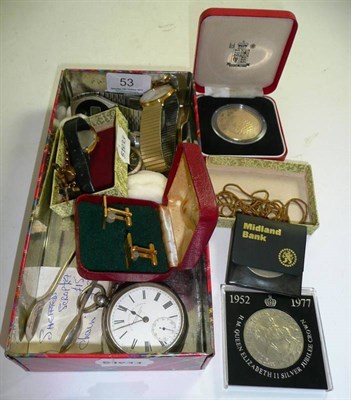 Lot 53 - A silver pocket watch, silver tongs, chain with clasp stamped '9c', ladies Zenith wristwatch, coins