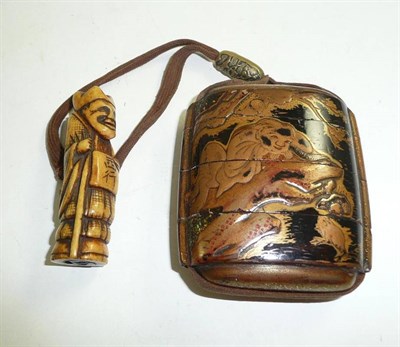 Lot 58 - 19th century Japanese gilt and black lacquer inro with antler netsuke and brass ojime