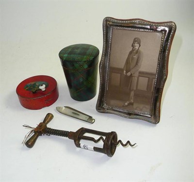 Lot 64 - Silver photograph frame, Tartan ware box, silver and mother-of-pearl fruit knife, corkscrew and...