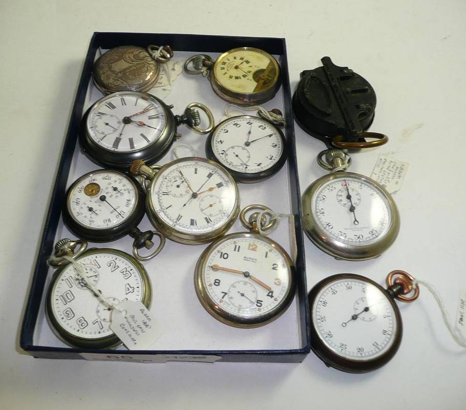 Lot 65 - Seven pocket watches, three stop watches, pedometer and a military compass (12)