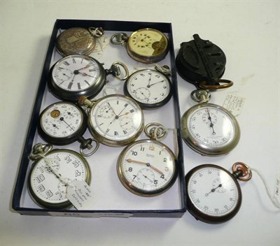 Lot 65 - Seven pocket watches, three stop watches, pedometer and a military compass (12)