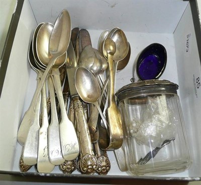 Lot 85 - Quantity of silver, comprising spoons, salt, jar and tea knives, spoons and a glass jar with silver