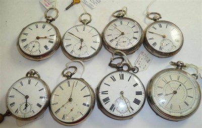 Lot 87 - Eight silver open faced pocket watches, two with Chester hallmarks and six with London...