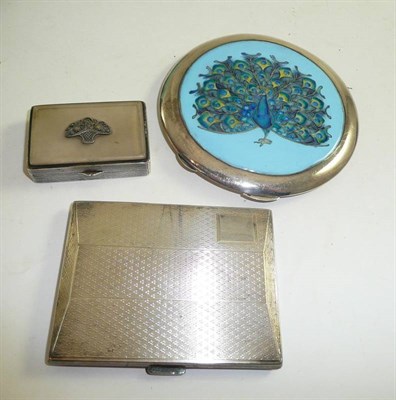 Lot 88 - Silver compact enamelled with a peacock, silver rectangular pill box and a silver cigarette case