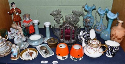 Lot 95 - A shelf of assorted decorative ceramics and glass including Royal Doulton 'The Judge', part...