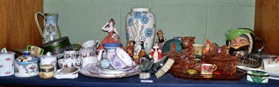 Lot 102 - Shelf of ceramics including Royal Doulton character jugs, Royal Doulton small figure, Coalport...