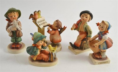 Lot 116 - Five Hummel figures; The Lost Sheep, Singing Lesson, Bird Duct, Little Helper, Merry Wanderer