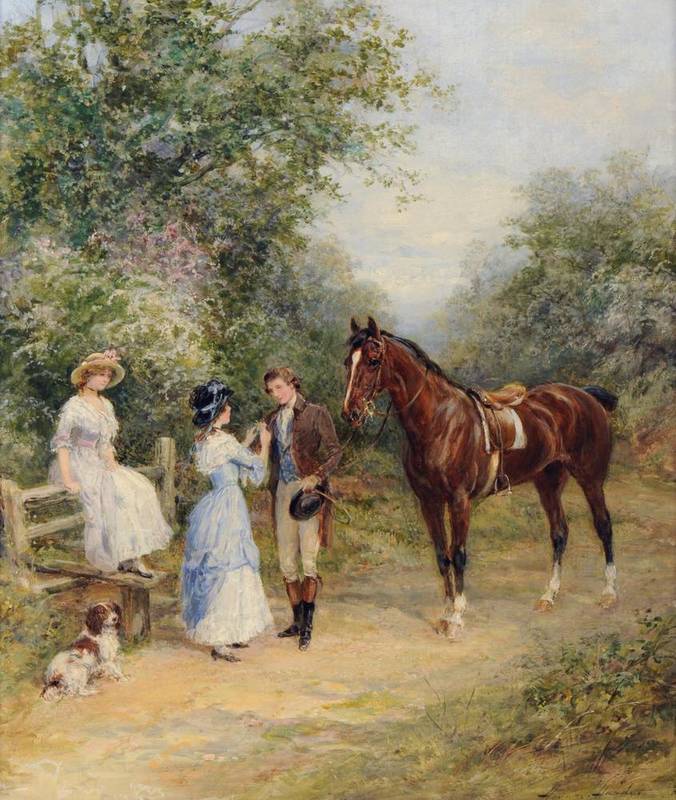 Lot 592 - Heywood Hardy ARWS, RPE (1843-1933)  A dismounted gentleman with ladies at a country stile A...