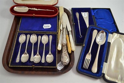 Lot 129 - An Edward VII Coronation spoon, Christening spoon and fork, six shell teaspoons, a button hook,...