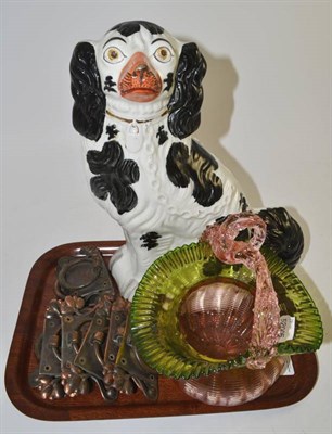 Lot 157 - Glass basket, Staffordshire dog and a set of Art Nouveau handles