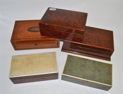 Lot 160 - Two shagreen boxes, two burr walnut boxes and a shell inlaid box