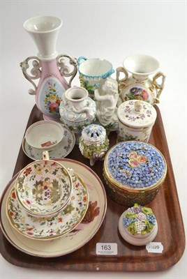 Lot 163 - A tray of ceramics including tea bowl and saucer, Sunderland lustre dish, vases etc