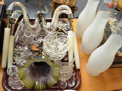 Lot 167 - Pair of cut-glass wall lights, Edwardian wall light with glass shade and three glass chimneys