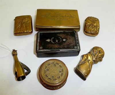 Lot 185 - Gladstone vesta, snuff box 'George Tucker 1858', bottle cigar cutter, Victorian snuff box, two...