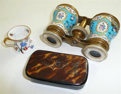 Lot 186 - A pair of enamelled opera glasses, a snuff box and a miniature Spode mug