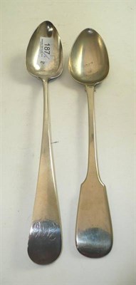 Lot 187 - A Georgian silver basting spoon, Bateman, London 1803, and a plated fiddle pattern example (2)