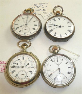 Lot 198 - Four pocket watches comprising, gun metal jump centre seconds pocket watch, nickel plated...