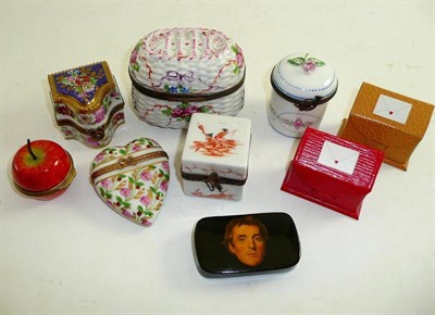 Lot 206 - Halcyon Days enamel apple bonbonniere, Limoges scent casket and four boxes, Wellington box and...